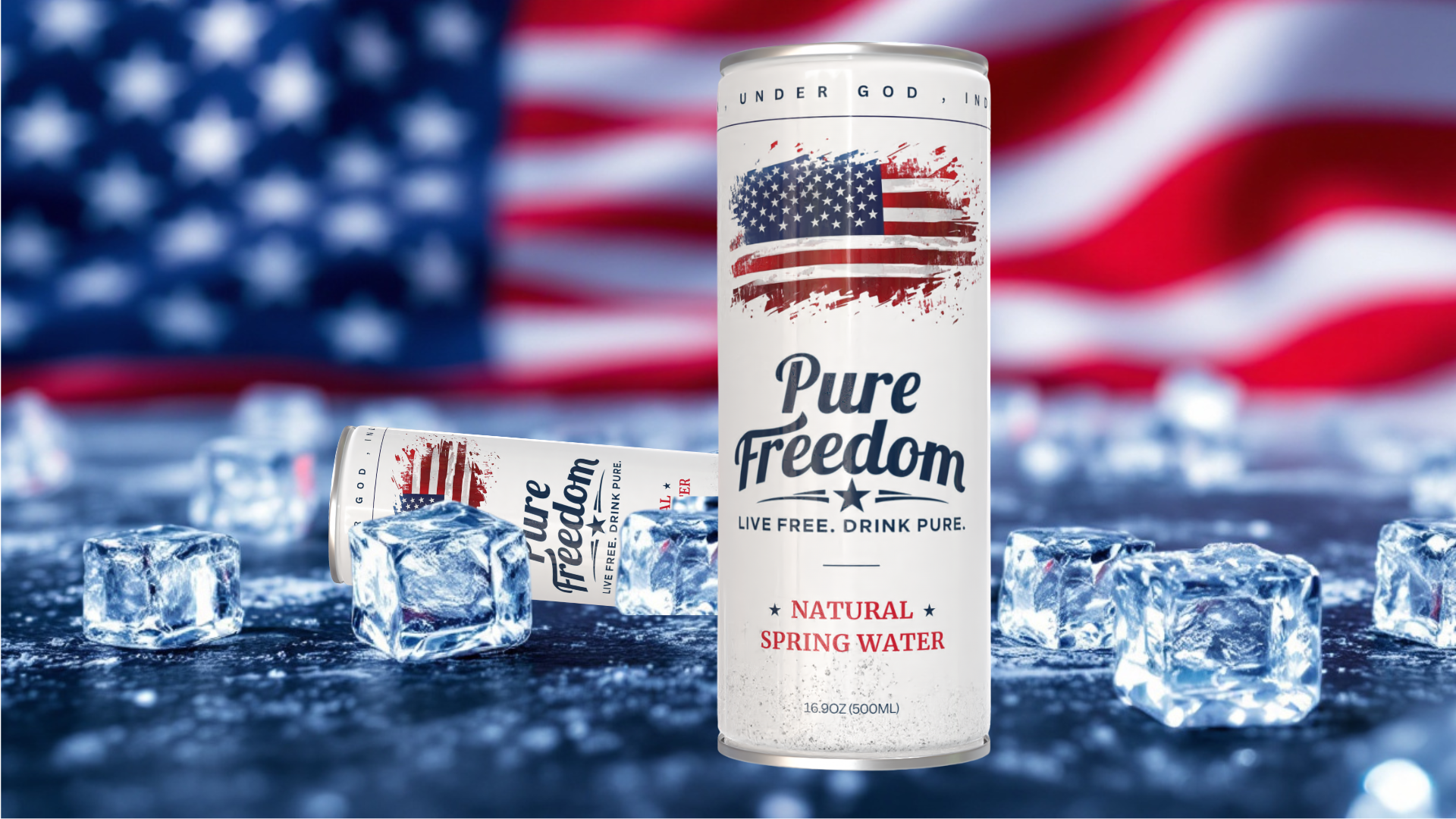 Pure Freedom cans on ice in front of an American flag