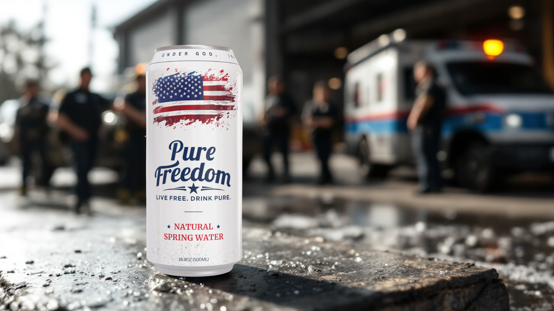Pure Freedom can with EMS responders in the background