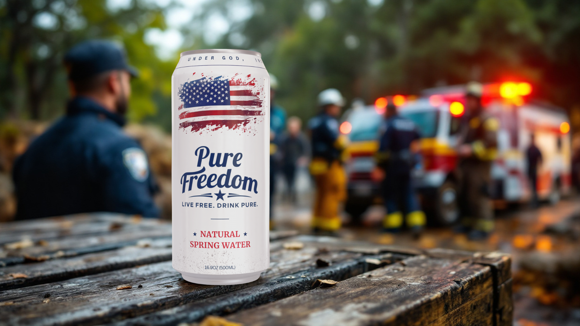 Pure Freedom can with firefighters in the background