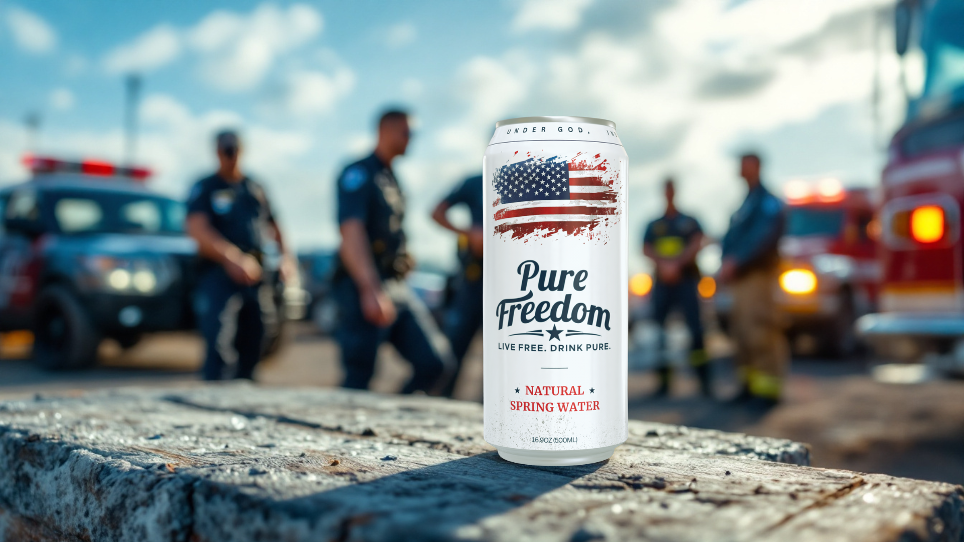 Pure Freedom can with police officers in the background