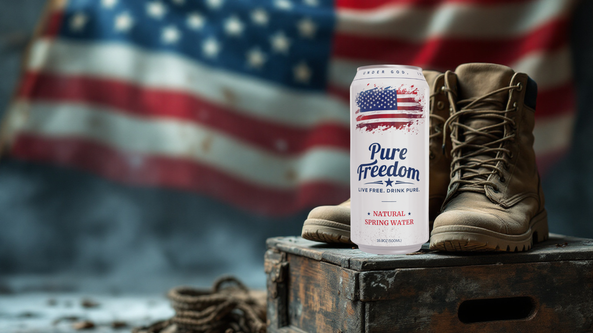 Pure Freedom can beside work boots and an American flag