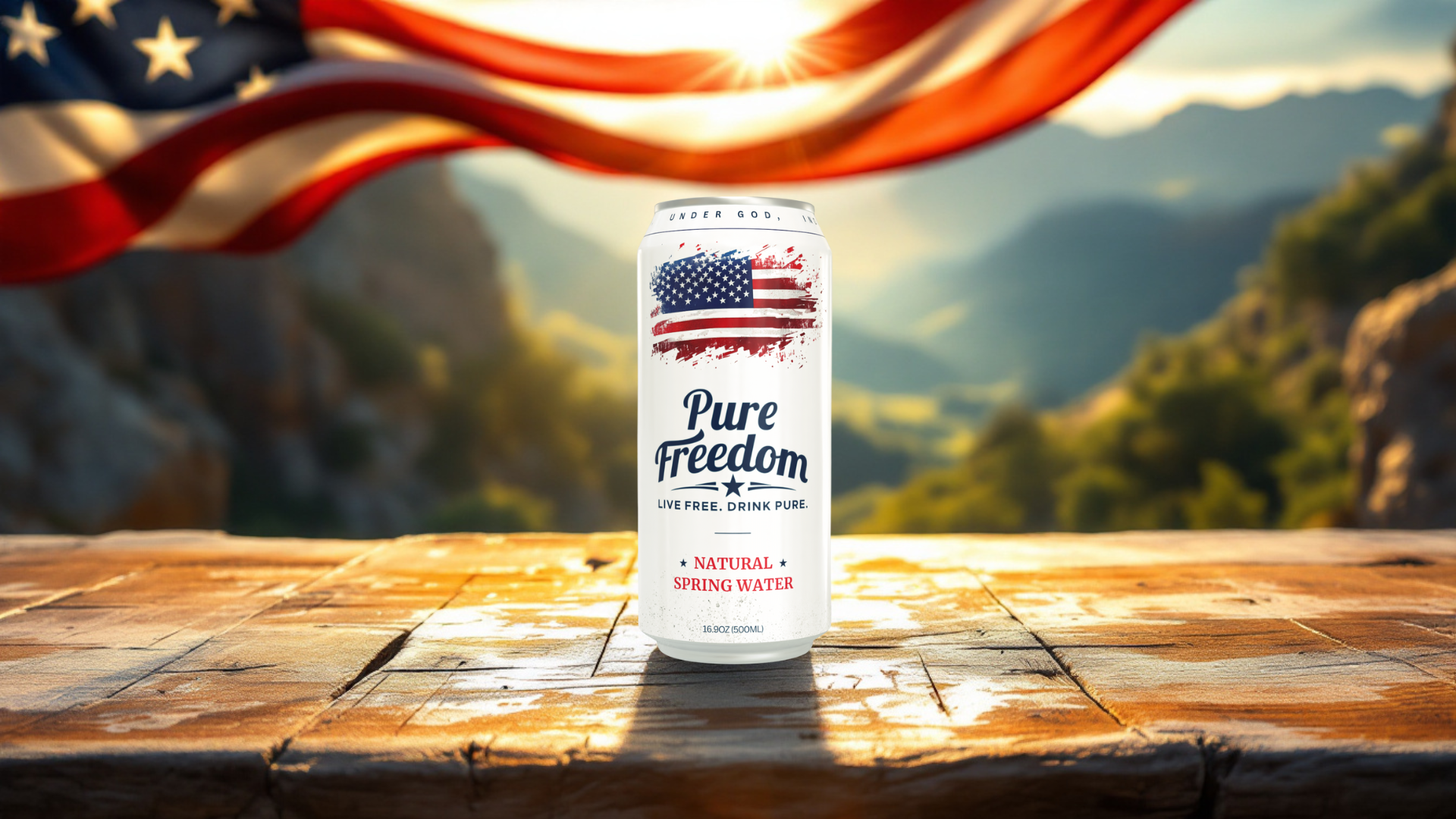 Pure Freedom natural spring water can with an American flag at sunrise